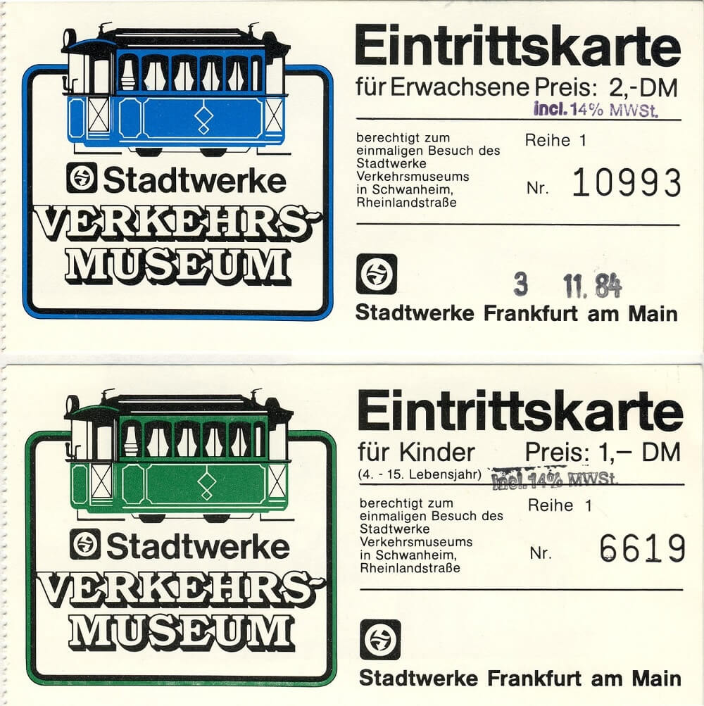 Erwachsenen- und Kindereintrittskarte für das Verkehrsmuseum aus dem Jahr 1984 (Quelle: Archiv Verkehrsmuseum Frankfurt am Main)