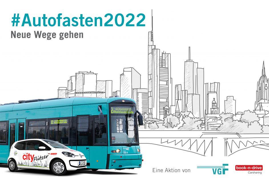 Eine subaru-vista-farbene Bahn der VGF und ein weißes Auto von book-n-drive als Motiv für die Aktion Autofasten 2022